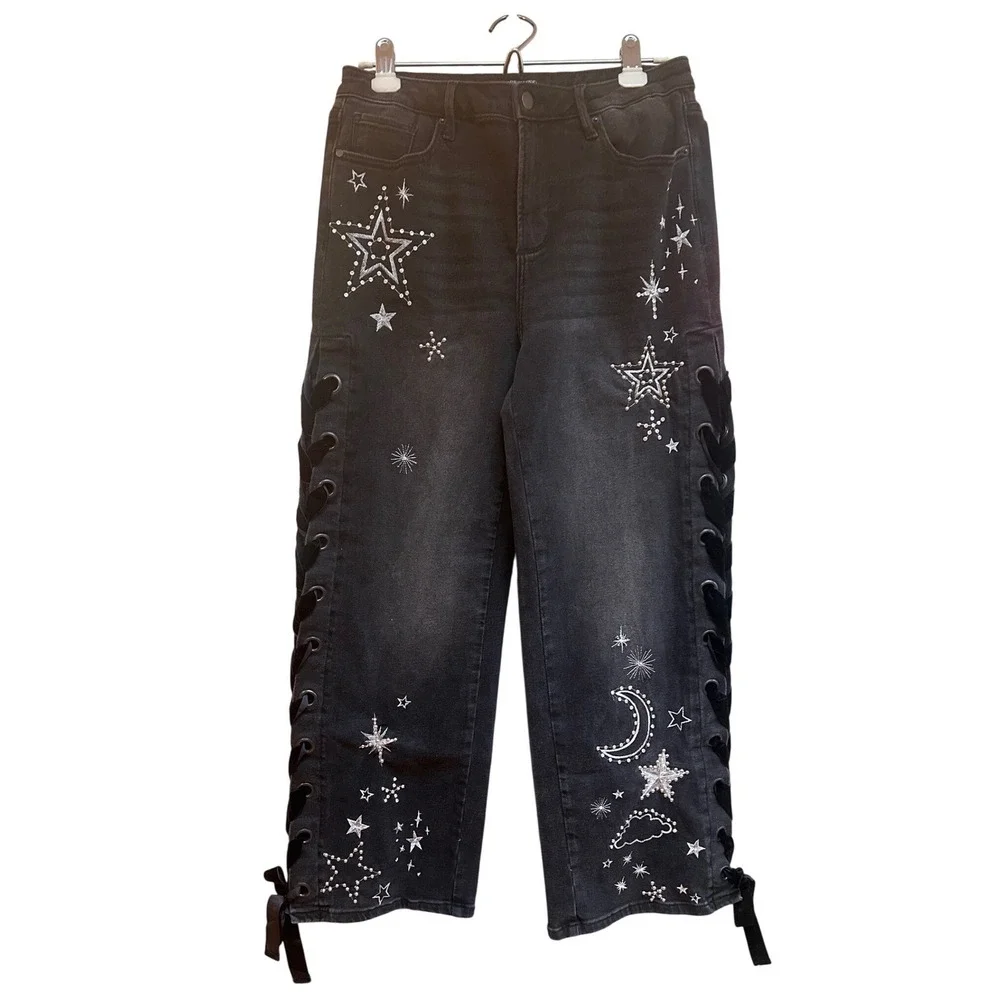 Driftwood Lacy Celestial‎ Embroidered Lace Up Side Wide Leg Jeans Black Size 28